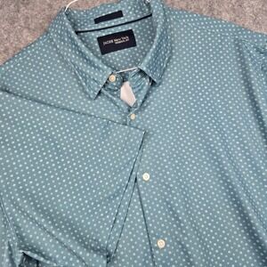 JACHS New York Shirt Mens XXL Teal Blue Short Sleeve Geometric Print Stretch